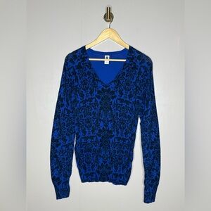 Royal Blue Black Damask V Neck Knit Top Gothic Romantic Size M